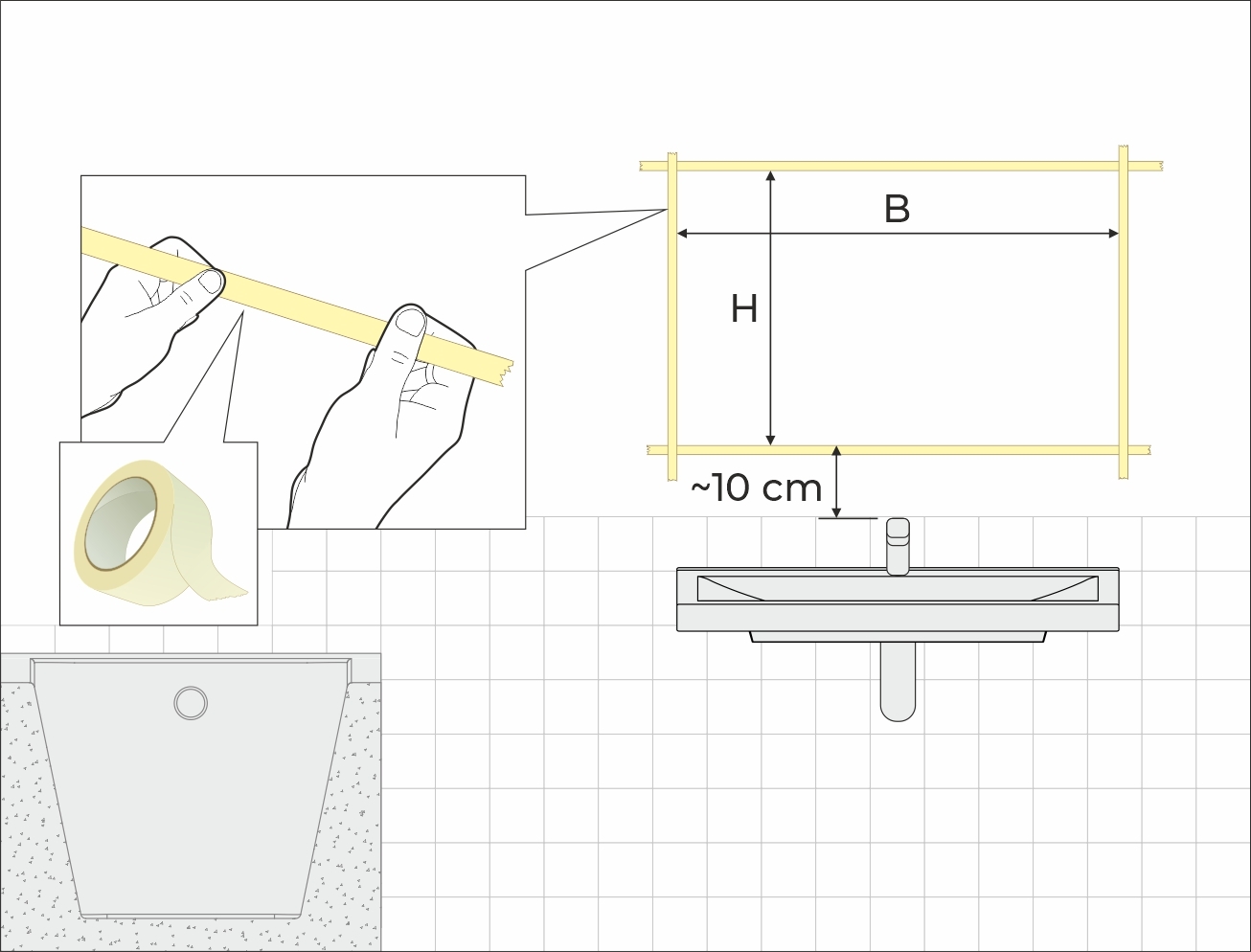 Grafik Badspiegel Montage mit Kreppband Test